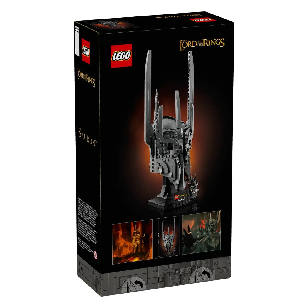 Three-quarter angle view of the back of the Lego Sauron Helmet box showing features and movie comparison details.
