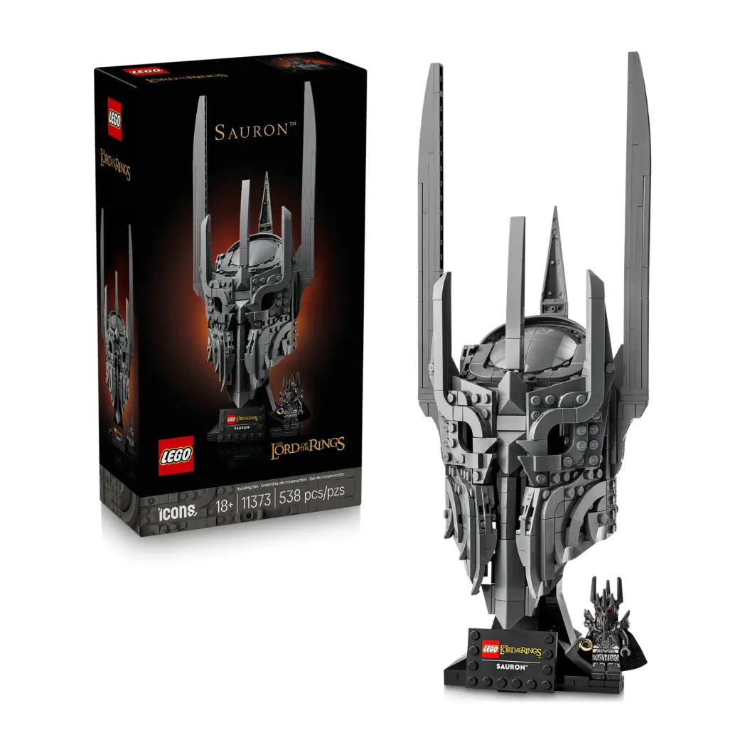 Lego Sauron Helmet set featuring a spiky dark grey helmet on a display stand with a minifigure next to its box.