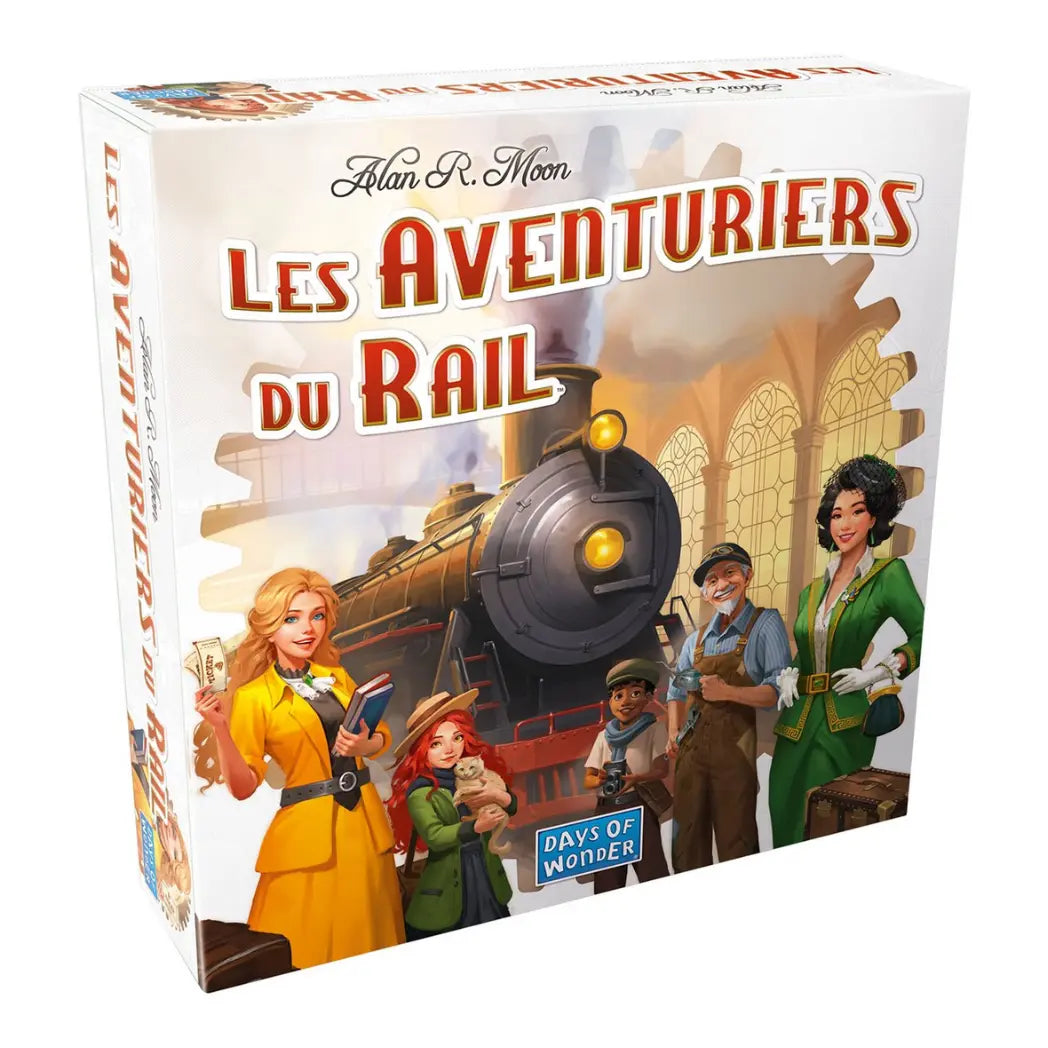 Boîte du jeu de société Les Aventuriers du Rail présentant un groupe diversifié de personnes debout devant une locomotive à vapeur dans une gare.