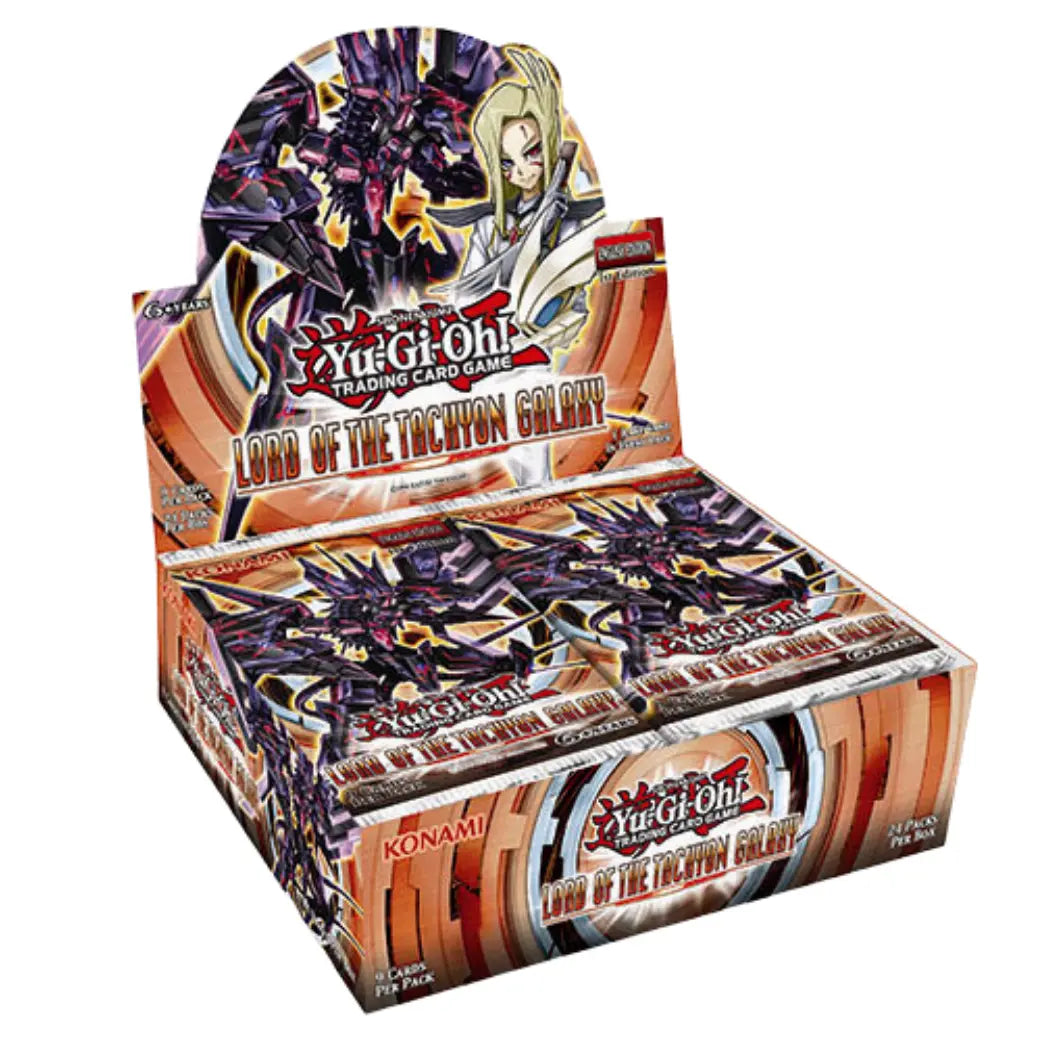 An open Yu-Gi-Oh! Lord of the Tachyon Galaxy booster box and packs featuring the character Mizer and Number 107: Galaxy-Eyes Tachyon Dragon