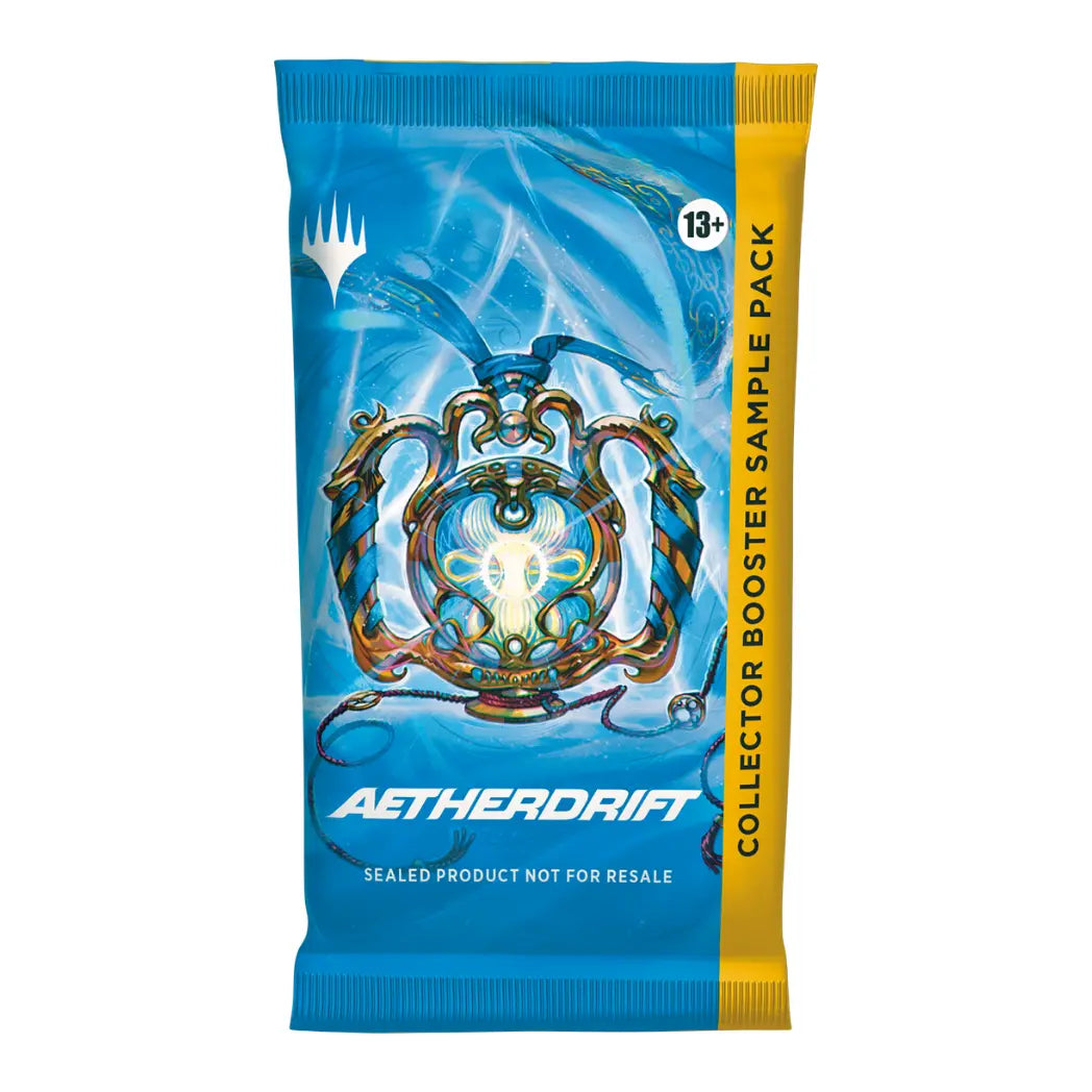 Magic: The Gathering Aetherdrift Collector Booster Sample Pack featuring a glowing golden engine on a light blue background.