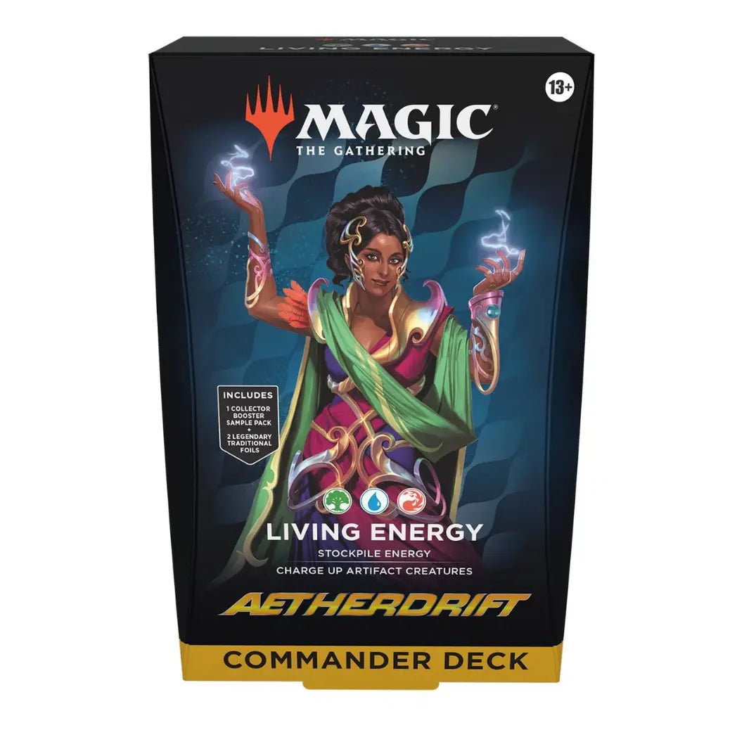 Magic: The Gathering Aetherdrift Commander Deck featuring a woman wielding blue energy on a dark, wavy background.