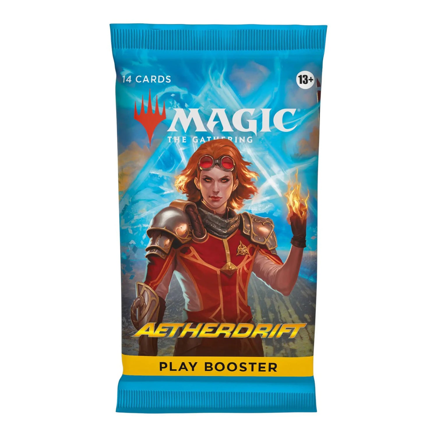 Magic: The Gathering Aetherdrift Play Booster featuring a red-haired pilot with fire in her hand on a blue and yellow background