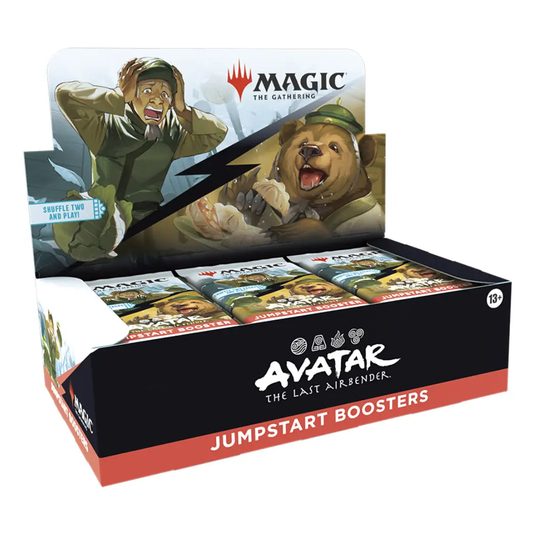 Magic: The Gathering Avatar: The Last Airbender Jumpstart Booster Display featuring the Cabbage Merchant and Bosco the bear.