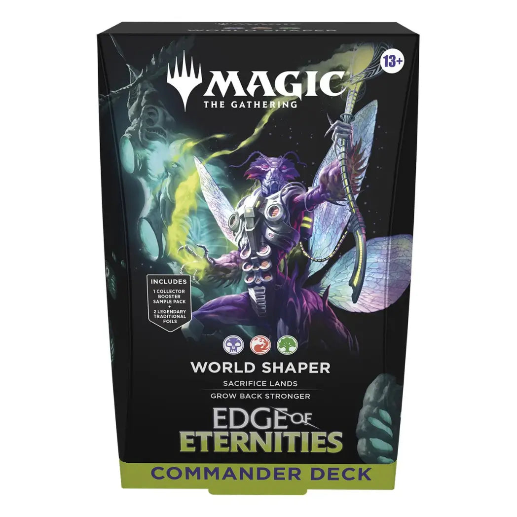 Magic: The Gathering World Shaper Commander Deck featuring a purple insectoid warrior against a dark space background.