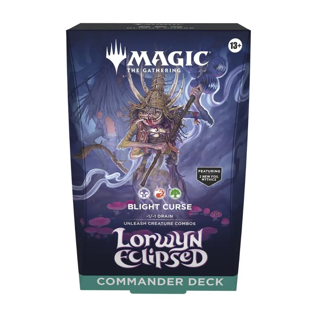 Magic: The Gathering Blight Curse Commander Deck featuring a small, wild goblin with a tall hat on a dark purple swamp background.