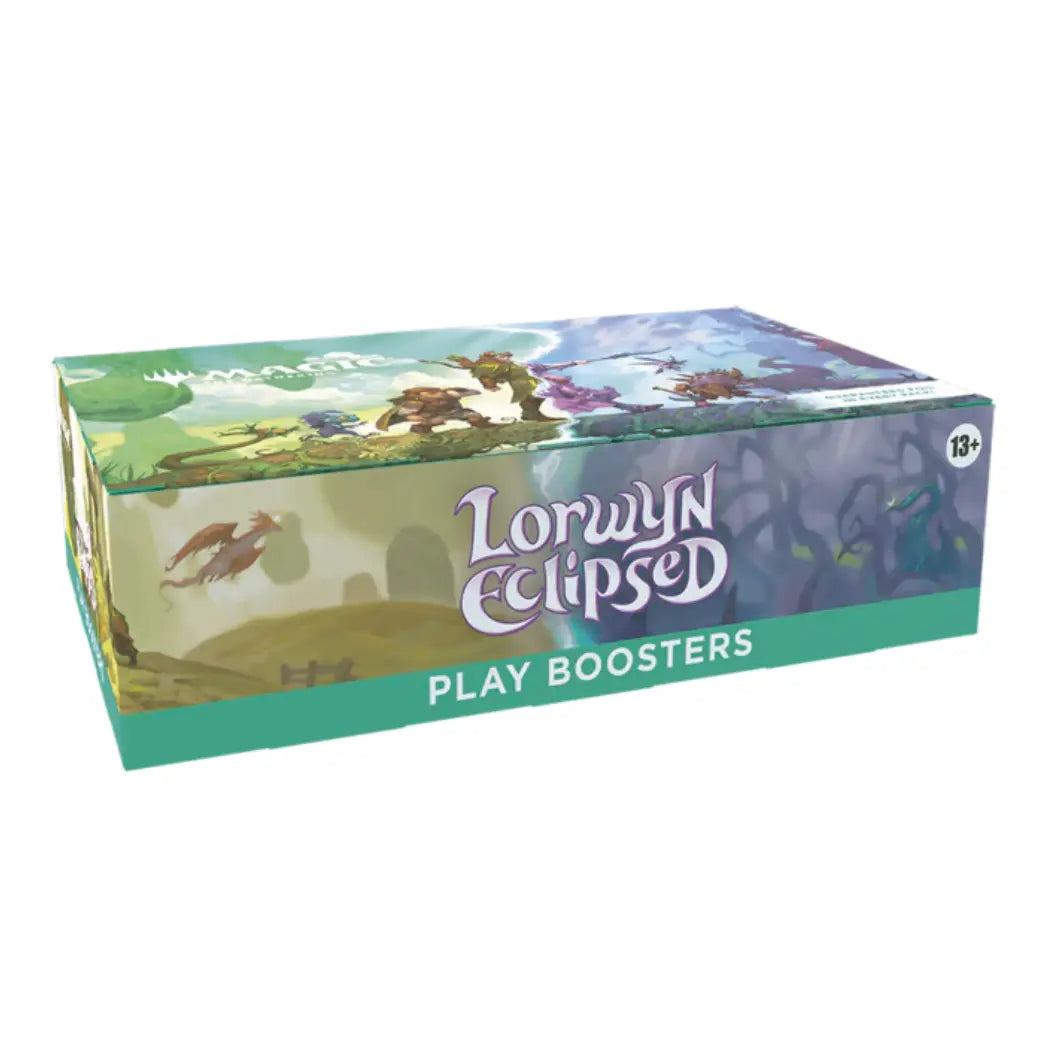 Magic: The Gathering Lorwyn Eclipsed Play Booster Display featuring elves and mythical creatures on a dual-tone green and purple background.