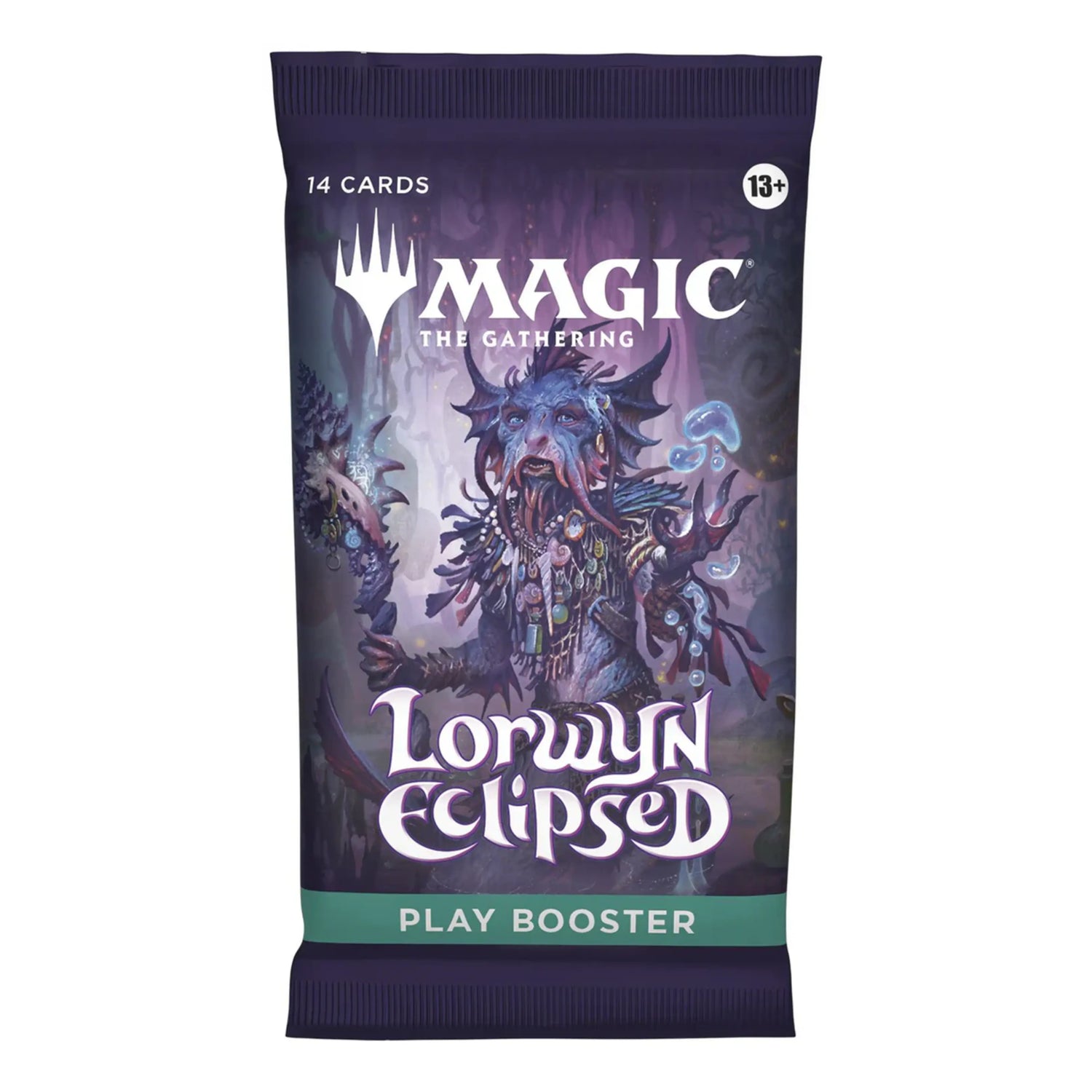 Magic: The Gathering Lorwyn Eclipsed Play Booster featuring a purple-skinned merfolk creature on a dark purple background