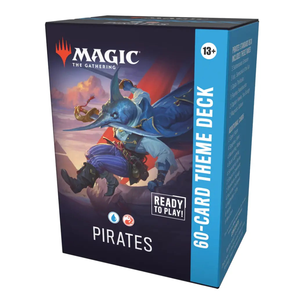 Magic: The Gathering Pirates theme deck featuring a blue swordfish pirate against a sunset sky and desert background.