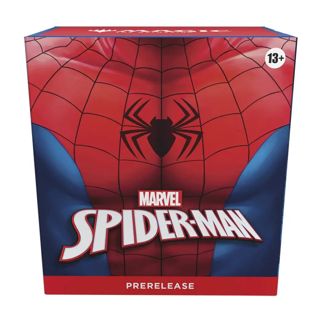 Magic: The Gathering Marvel Spider-Man Prerelease pack featuring a close-up of Spider-Man’s red and blue suit.