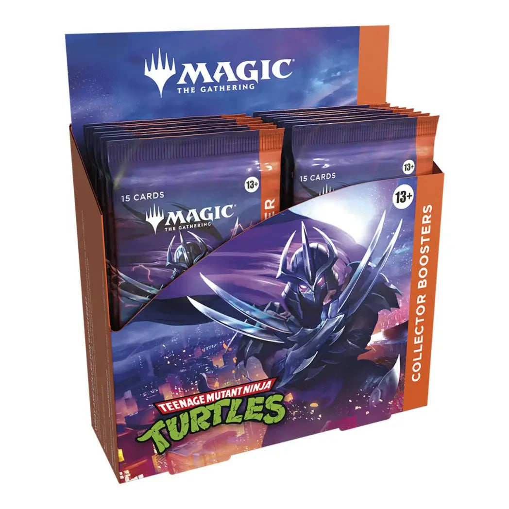 Magic: The Gathering Teenage Mutant Ninja Turtles Collector Booster Display featuring Shredder on a purple and orange city background.