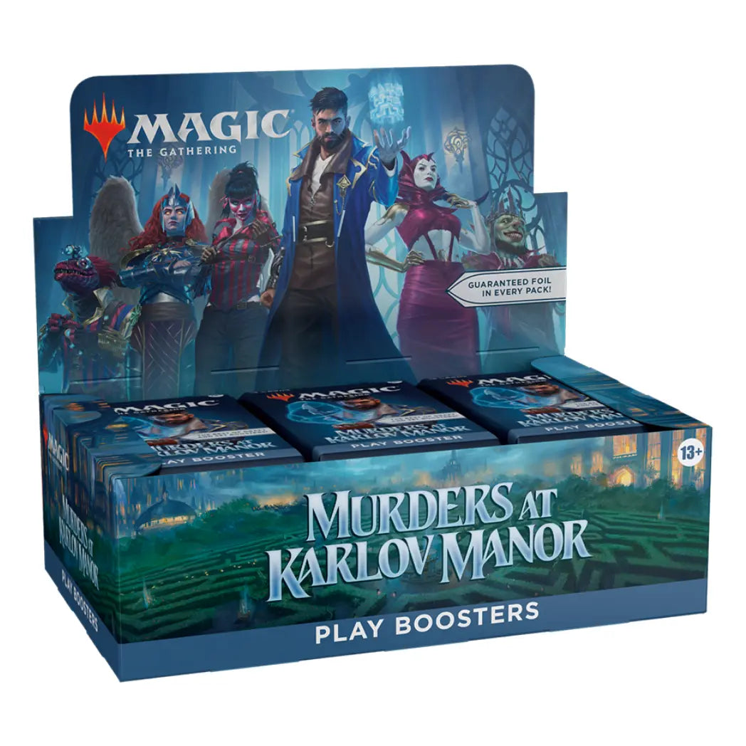 Magic: The Gathering Murders at Karlov Manor Play Booster Display featuring Alquist Proft on a teal manor background.