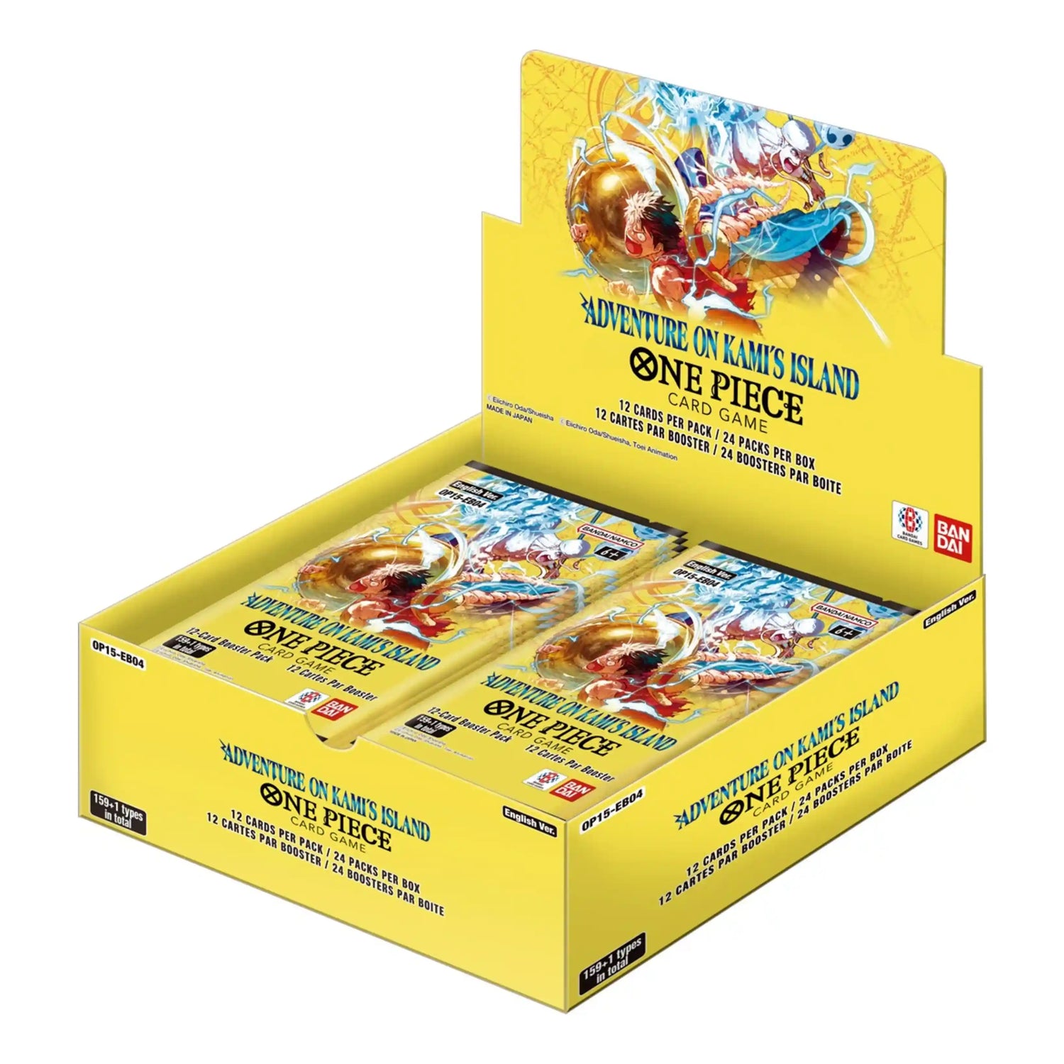 One Piece TCG Adventure on Kami's Island Booster Box display, featuring Luffy and Enel battling in lightning artwork.