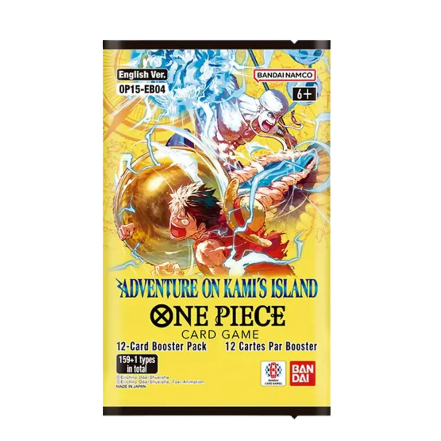 One Piece TCG Adventure on Kami's Island Booster Pack, featuring Monkey D. Luffy and Enel in a lightning battle artwork.