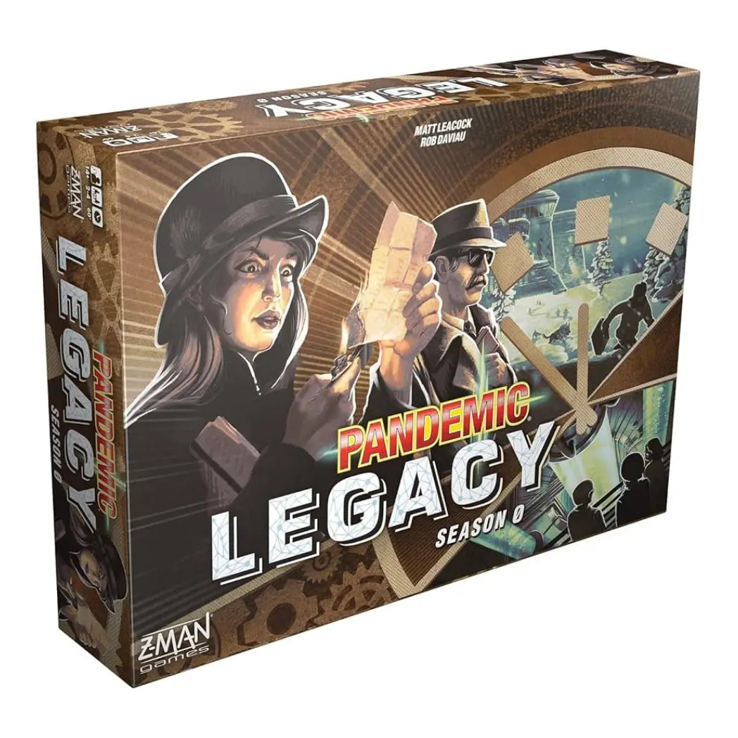Pandemic Legacy Season 0 box featuring a man and woman in hats burning a document against a brown gear background.