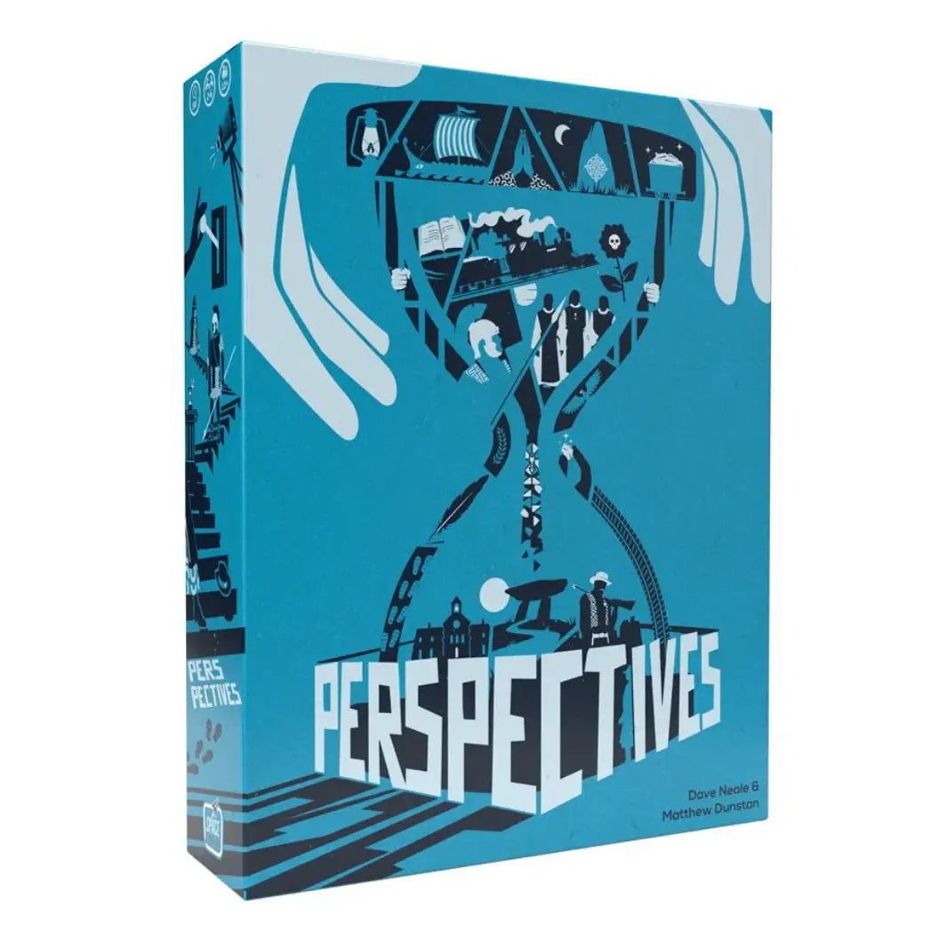 Perspectives board game box featuring a stylized hourglass filled with historical icons on a blue and white background.