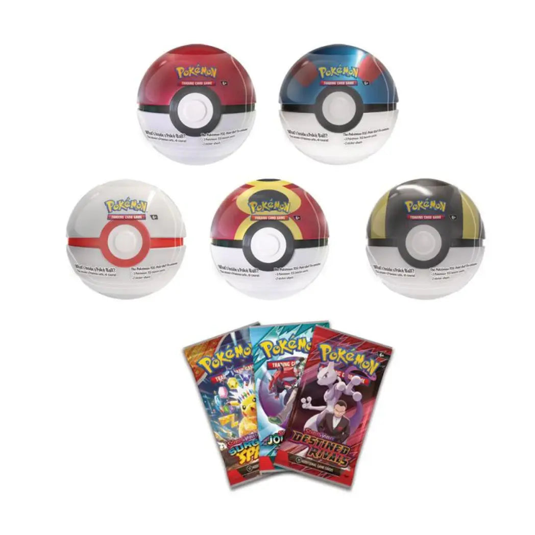 Five assorted Pokémon Poké Ball Tins and three booster packs, including Destined Rivals.