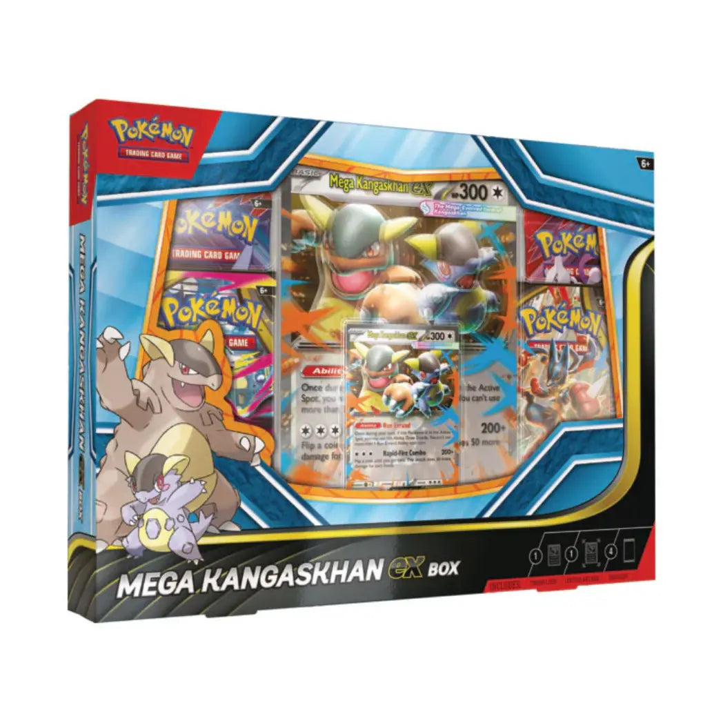Mega Kangaskhan EX Box featuring a large Mega Kangaskhan card and several Pokémon booster packs in a blue and black display.