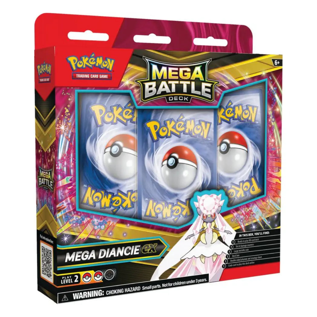 Mega Diancie ex Mega Battle Deck featuring Mega Diancie on a bright pink, yellow, and black background.