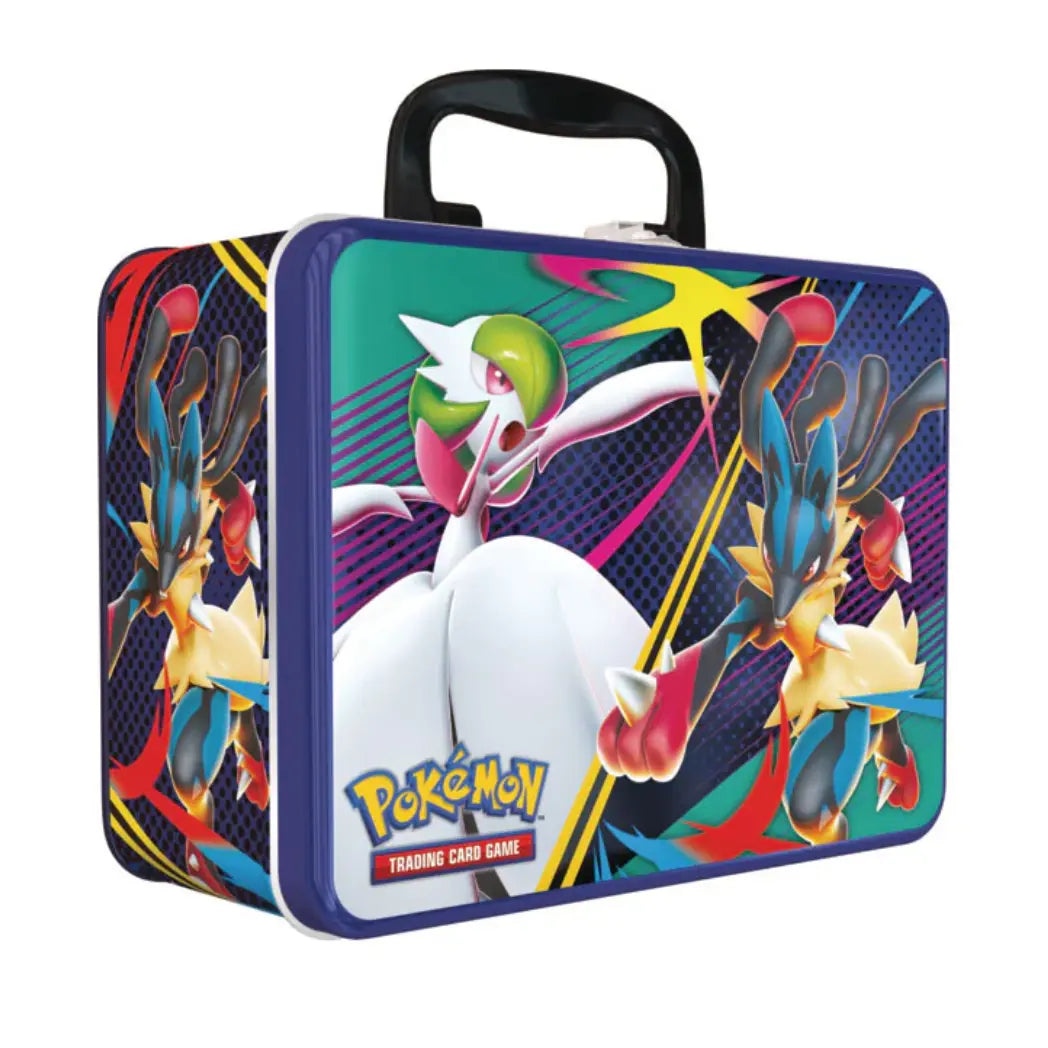 Pokémon Collector Chest featuring Gardevoir and Lucario against a vibrant teal, purple, and yellow starburst background.