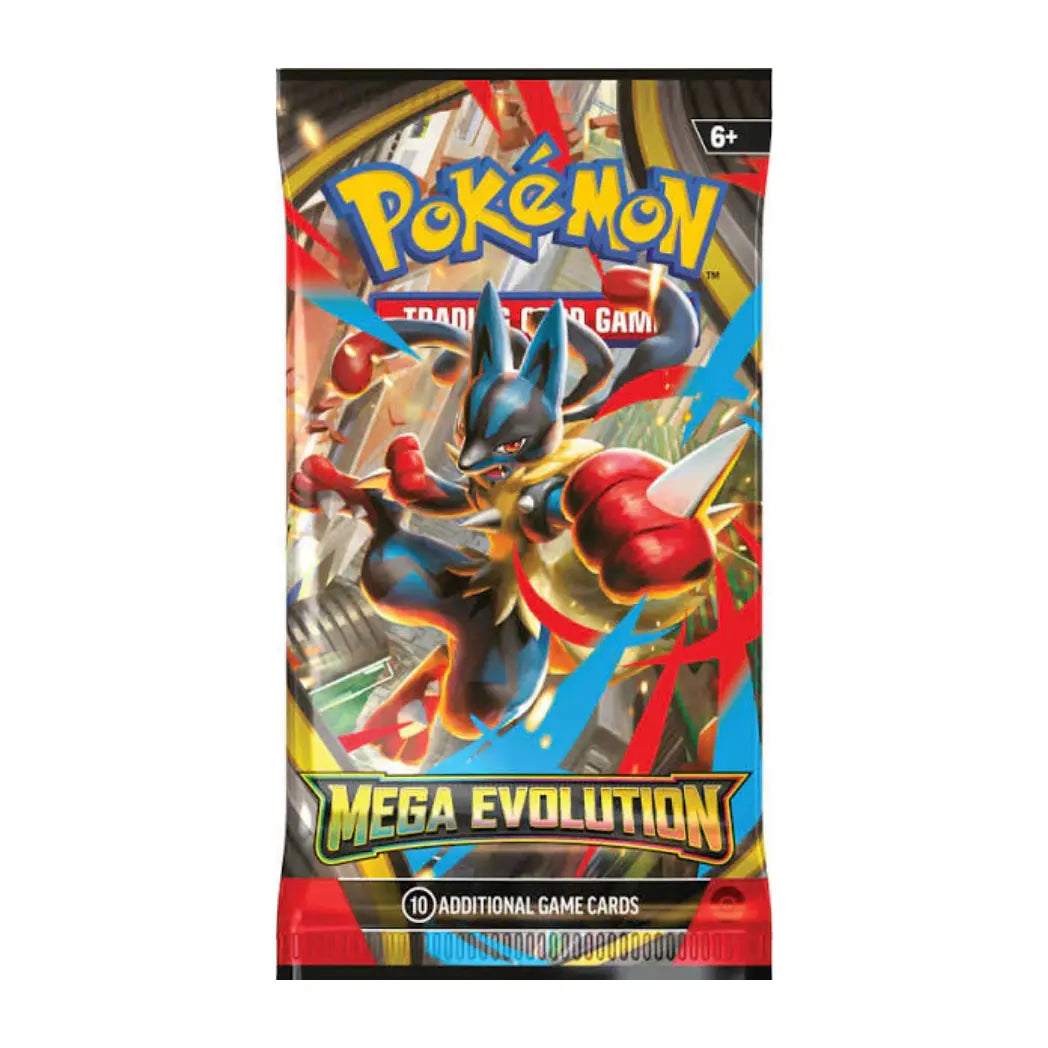 Mega Lucario on a Pokémon Mega Evolution booster pack with vibrant blue, red, and yellow energy streaks.