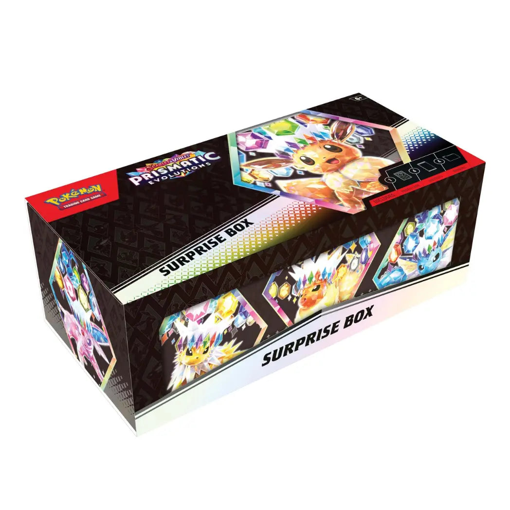Pokémon Prismatic Evolutions Surprise Box featuring Eevee and its evolutions with crystalline patterns on a black background.