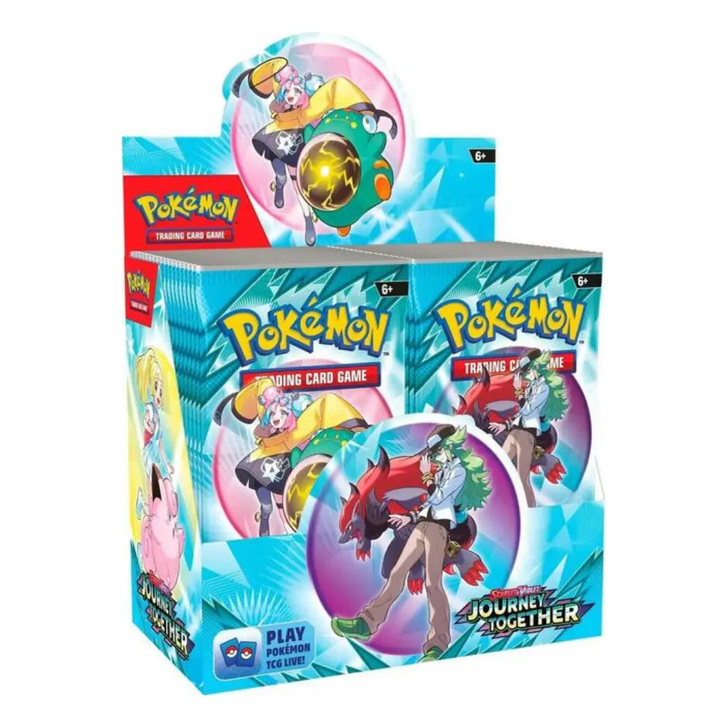Pokémon Journey Together Booster Box featuring Iono and N against a bright teal and blue geometric background.