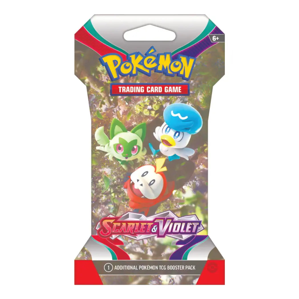 Pokémon Scarlet & Violet blister pack featuring Sprigatito, Fuecoco, and Quaxly against a soft green forest background.
