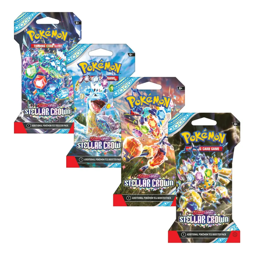 Four Pokémon Stellar Crown blister packs featuring Terapagos, Lapras, Cinderace, and Galvantula with colorful gem-like patterns.