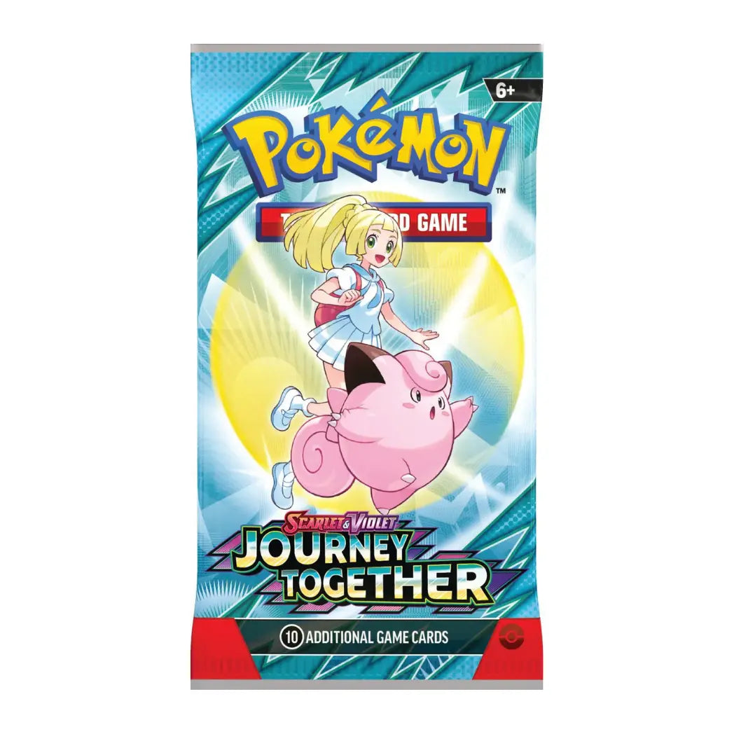 Pokémon Journey Together booster pack featuring Lillie and Clefairy against a bright teal and blue geometric background.