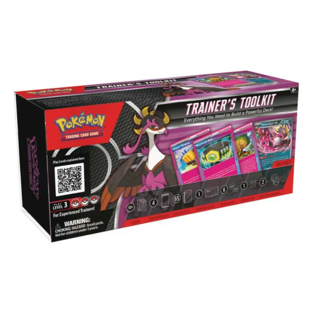 Pokémon Trainer's Toolkit featuring Fezandipiti against a black and pink background with several Trainer cards displayed.