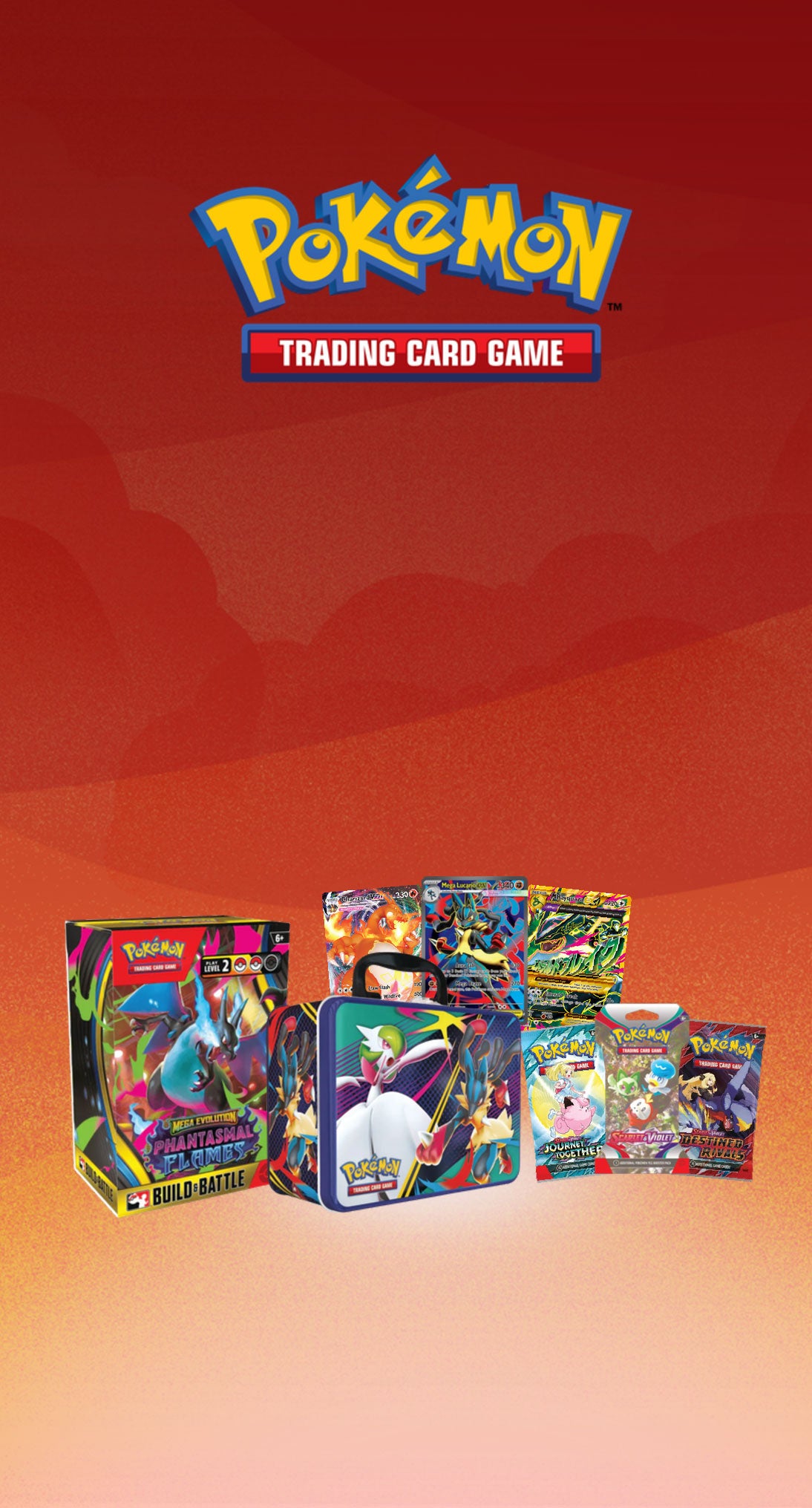 Pokémon banner featuring Trading Card Game products like Phantasmal Flames on a vibrant red, orange, and yellow background.