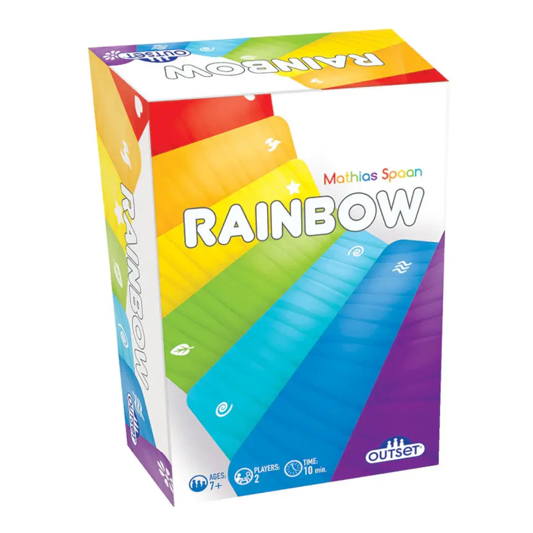 Rainbow card game box featuring several vibrant, overlapping rainbow-colored stripes with small white weather icons.