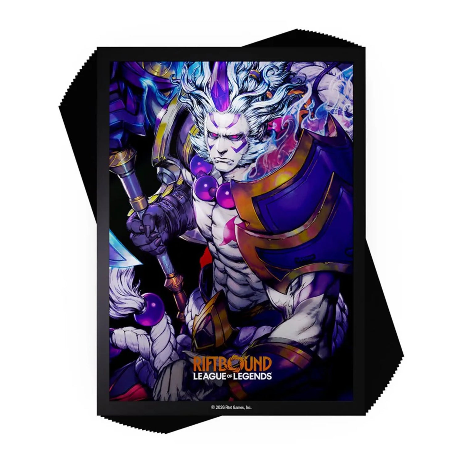 League of Legends Riftbound card sleeves featuring Spirit Blossom Darius with white hair and purple armor against a dark background