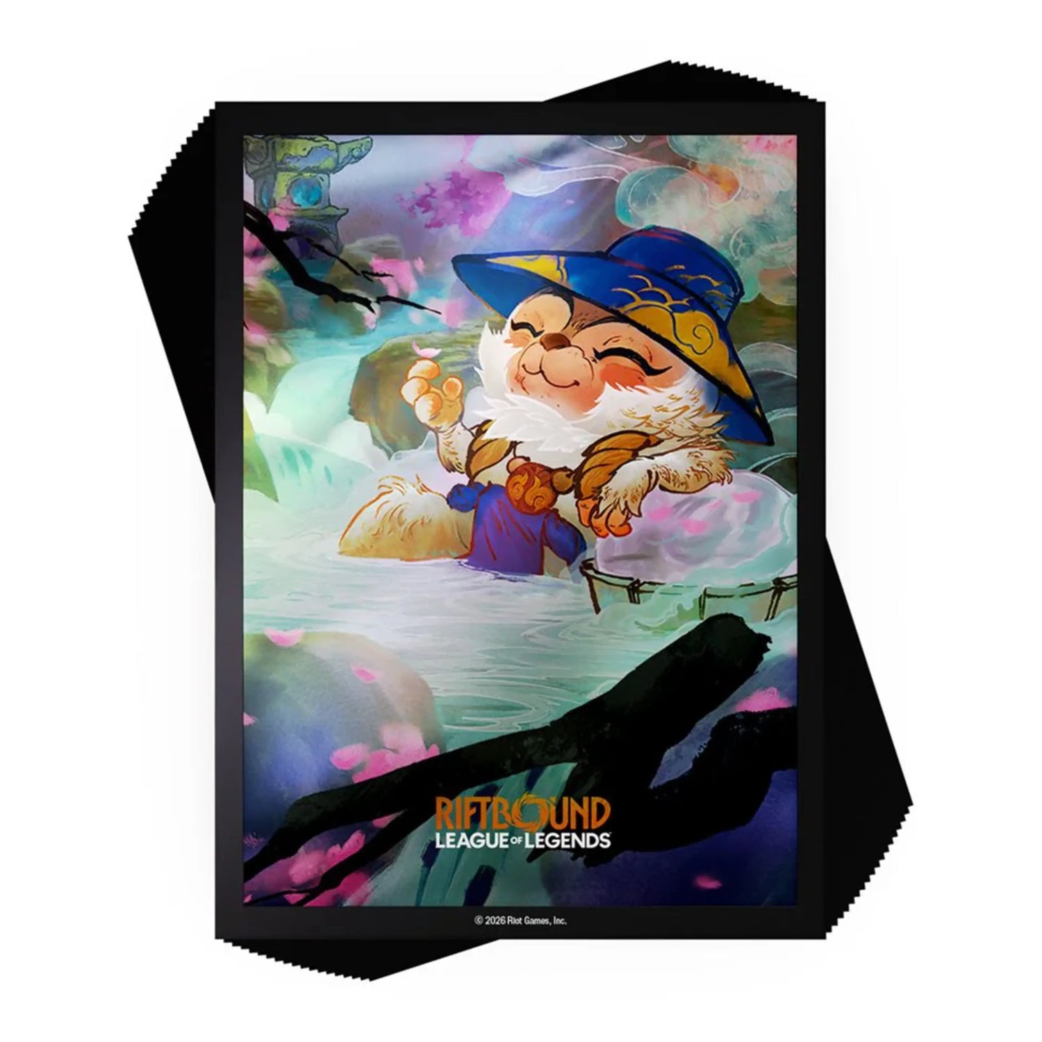 League of Legends Riftbound card sleeves featuring Spirit Blossom Teemo relaxing in a hot spring against a soft pink and green background