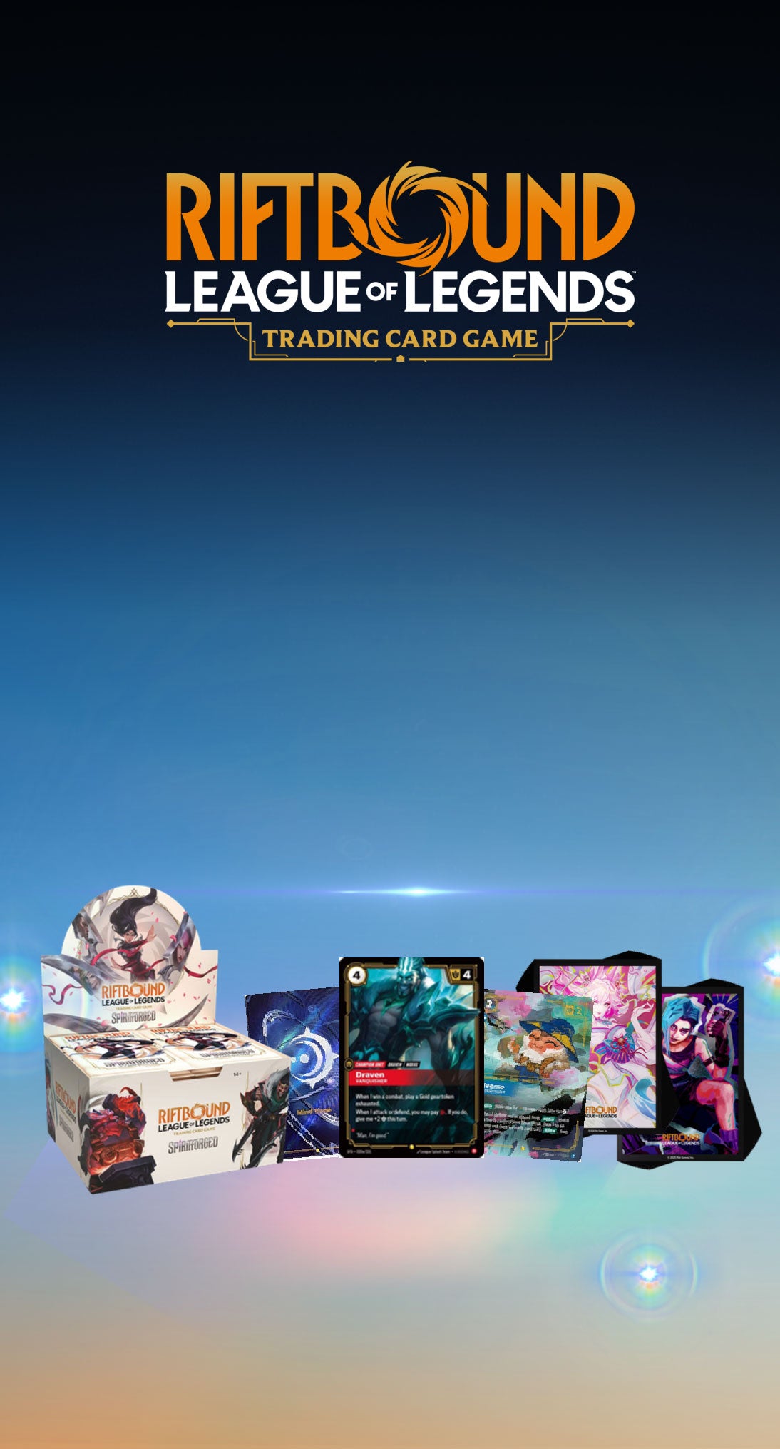 Riftbound: League of Legends TCG banner featuring a Spiritforged booster box and singles  on a blue and orange background.