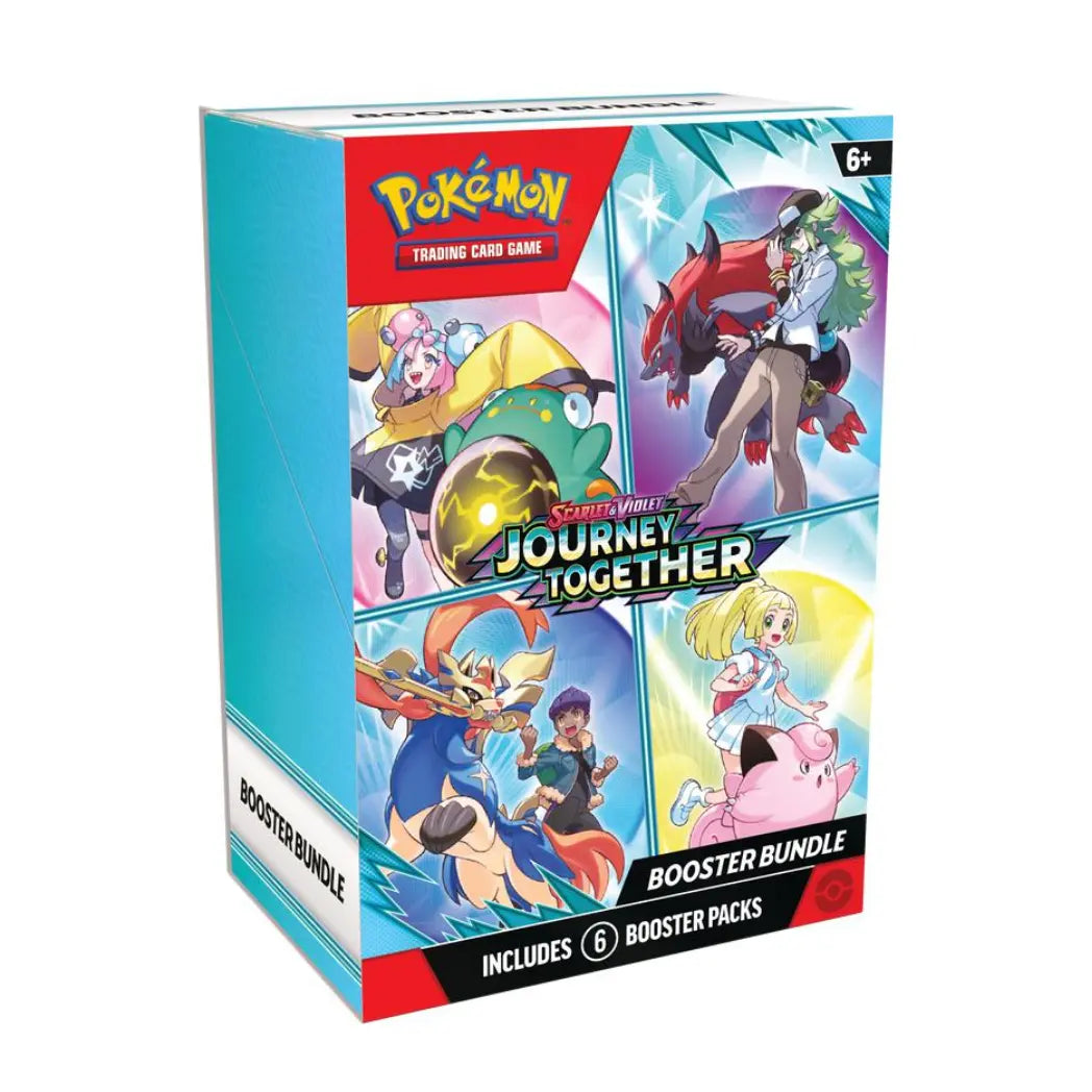 Pokémon Journey Together Booster Bundle featuring Iono, N, Hop, and Lillie on a bright teal and blue geometric background.