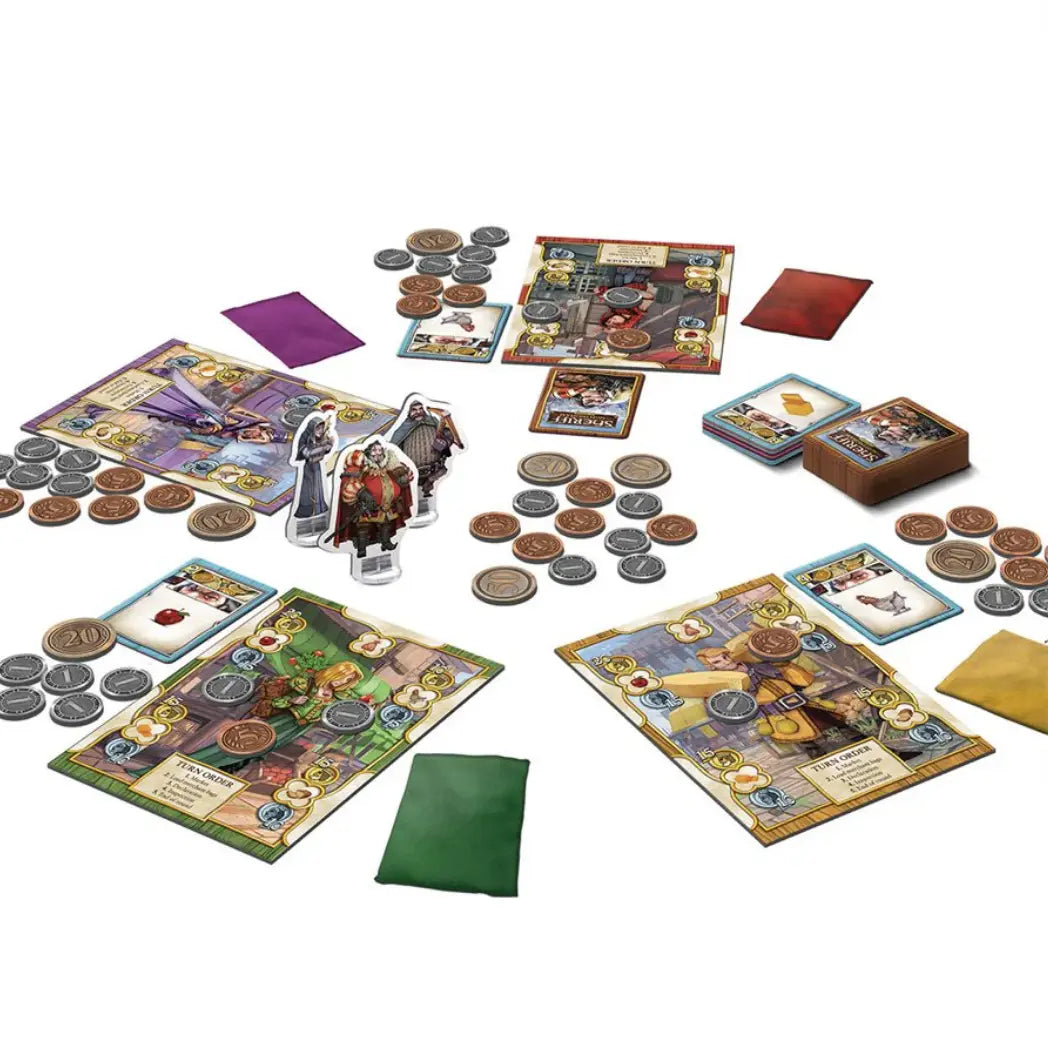 Sheriff of Nottingham 2nd Edition components including character mats, gold coins, merchant cards, and colorful cloth bags.