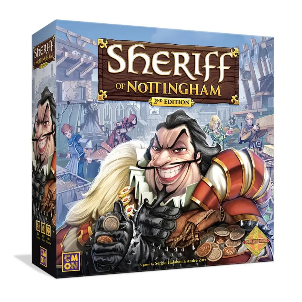 Sheriff of Nottingham 2nd Edition box featuring a smirking, greedy sheriff holding gold coins in a bustling marketplace.