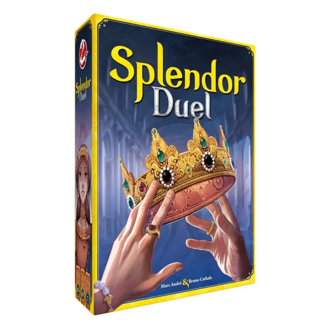 Splendor Duel board game box featuring a jeweled golden crown being held by two hands against a dark blue hall background.