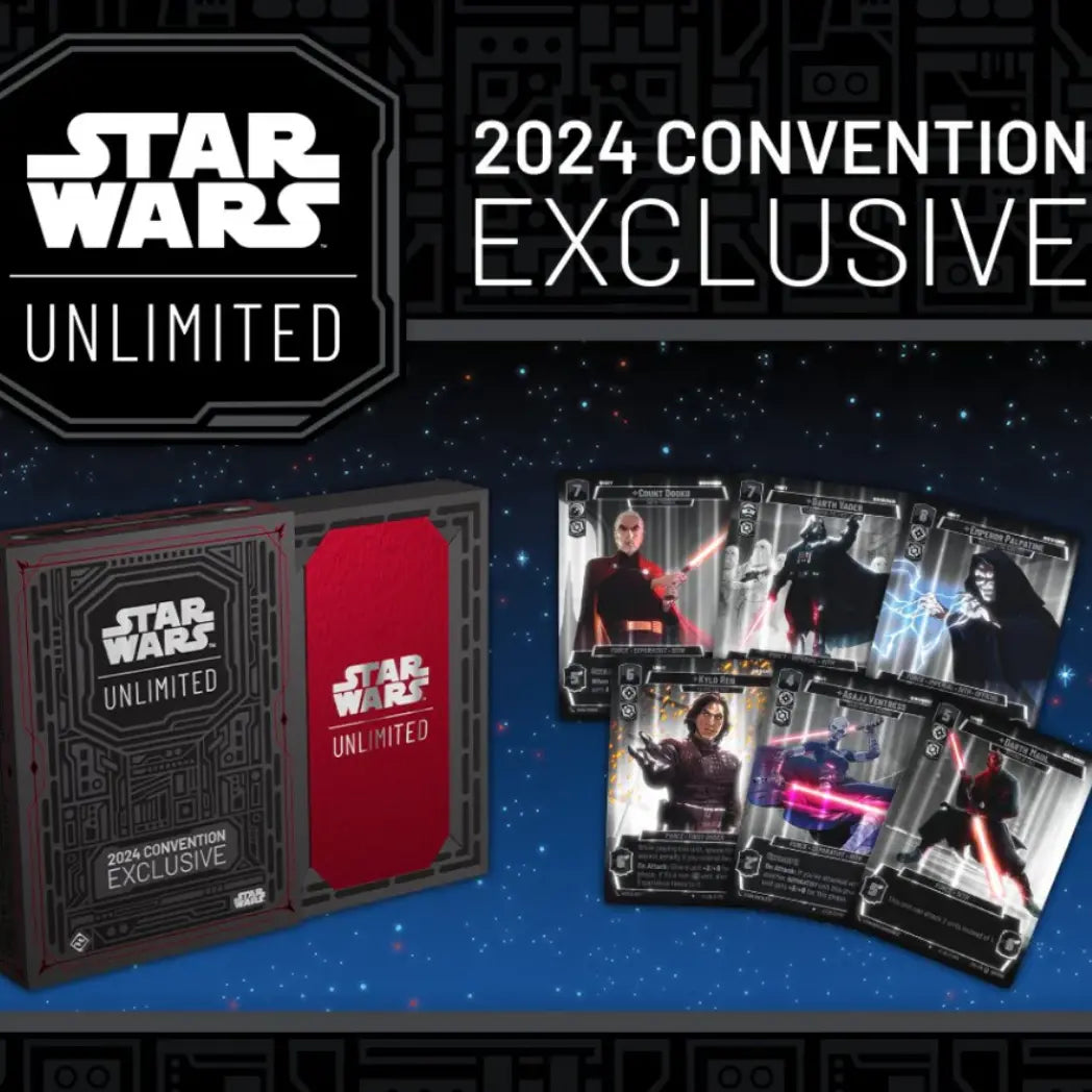 Star Wars: Unlimited 2024 Convention Exclusive box and promotional cards featuring Count Dooku, Darth Vader, Emperor Palpatine, Kylo Ren, Asajj Ventress, and Darth Maul on a black, grey, and red background