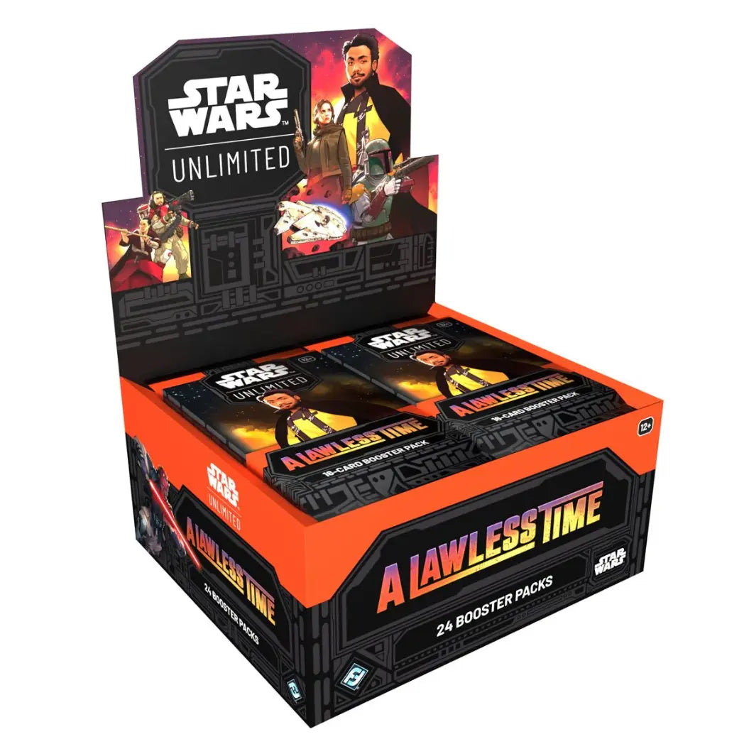 Star Wars: Unlimited - A Lawless Time booster display box featuring Lando Calrissian, Jyn Erso, and Boba Fett on a black and orange background