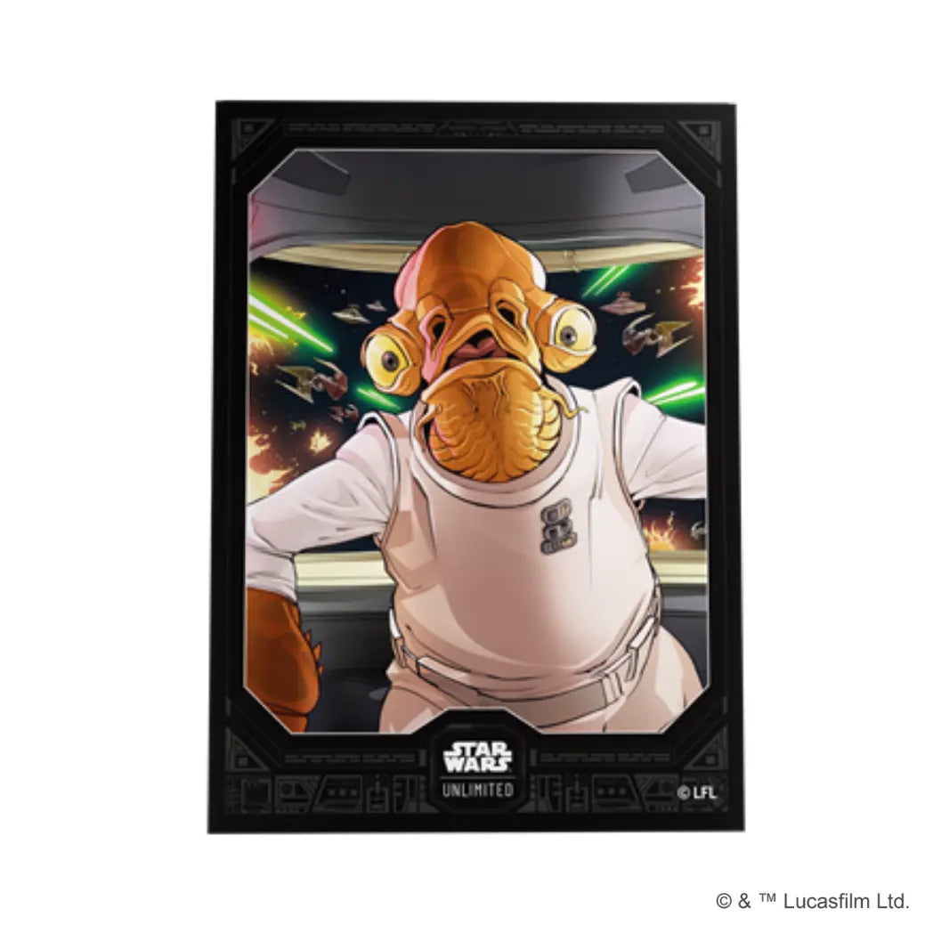 Star Wars: Unlimited art sleeve featuring Admiral Ackbar on a space battle background
