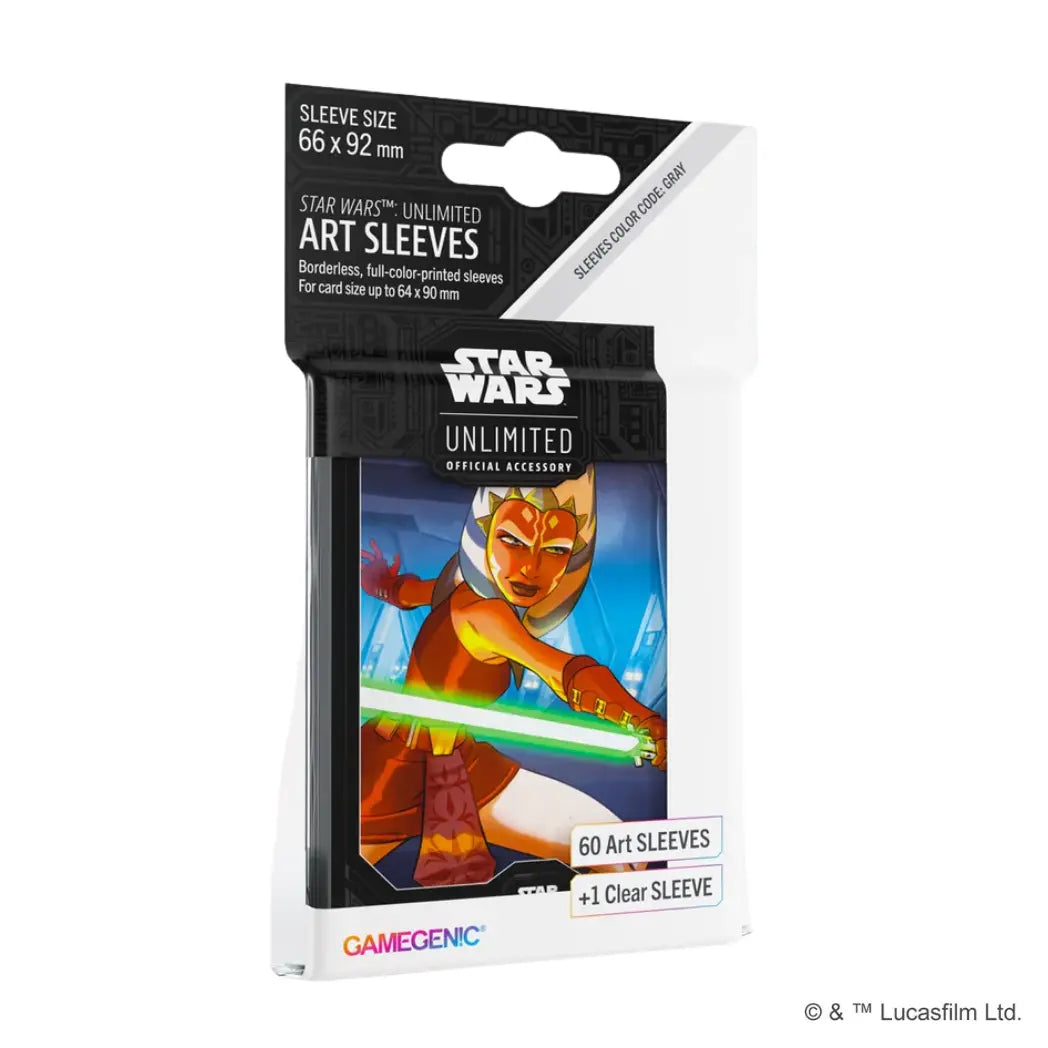 Ahsoka Tano Art Sleeves featuring Ahsoka holding a glowing green lightsaber against a blue and grey background.