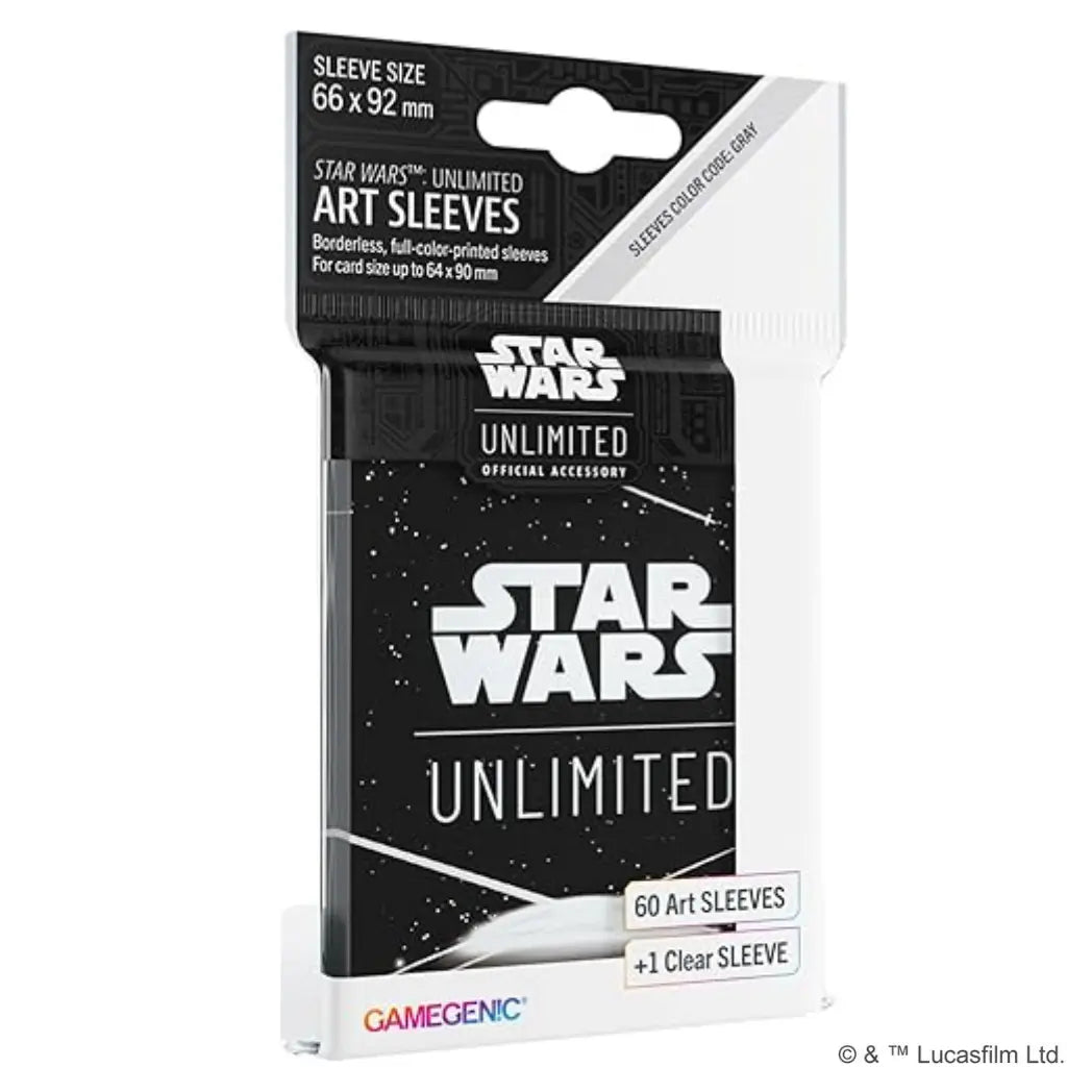 Star Wars: Unlimited art sleeves featuring the Star Wars: Unlimited card back on a black and white background.