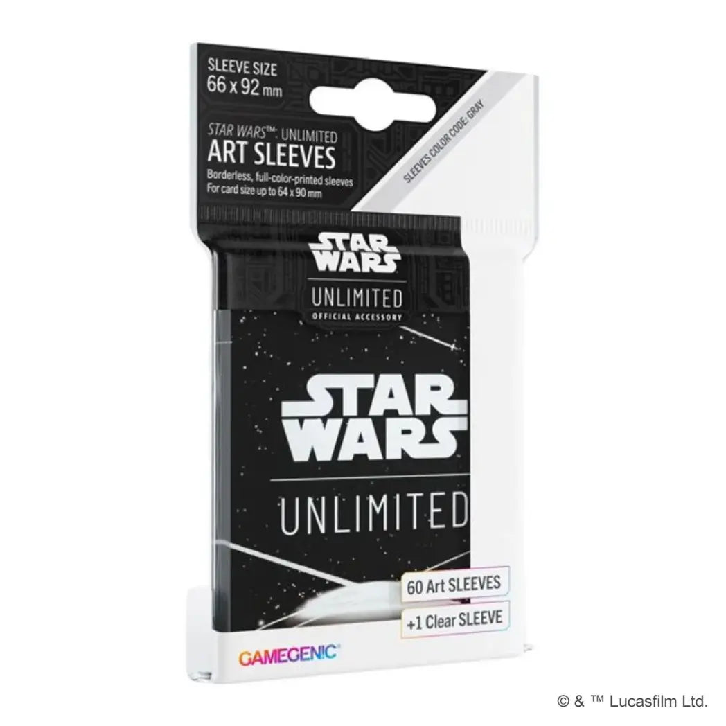 Star Wars: Unlimited art sleeves featuring the Star Wars: Unlimited card back on a black and white background