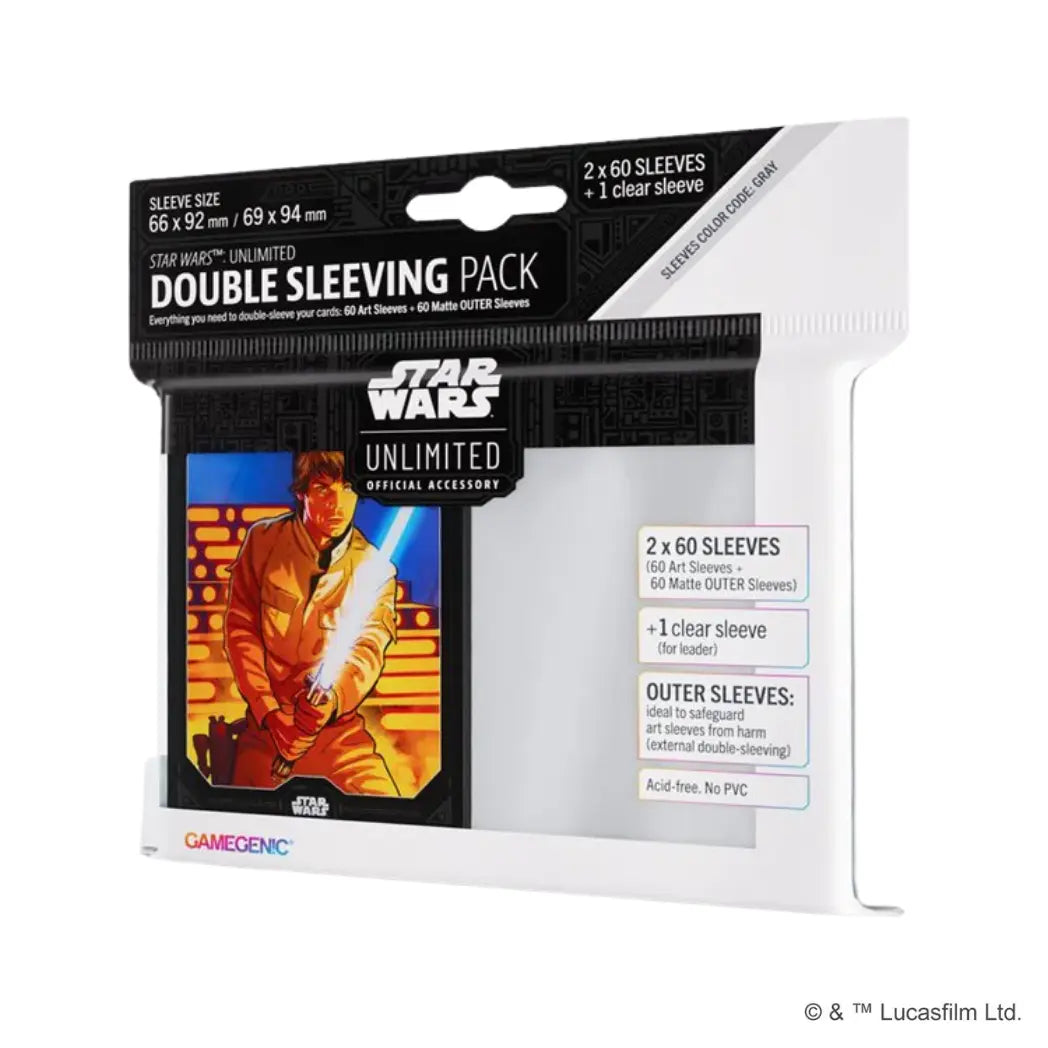 Star Wars Unlimited double sleeving pack featuring Luke Skywalker holding a glowing blue lightsaber. He is depicted in tan gear against a background of stacked yellow and orange blocks