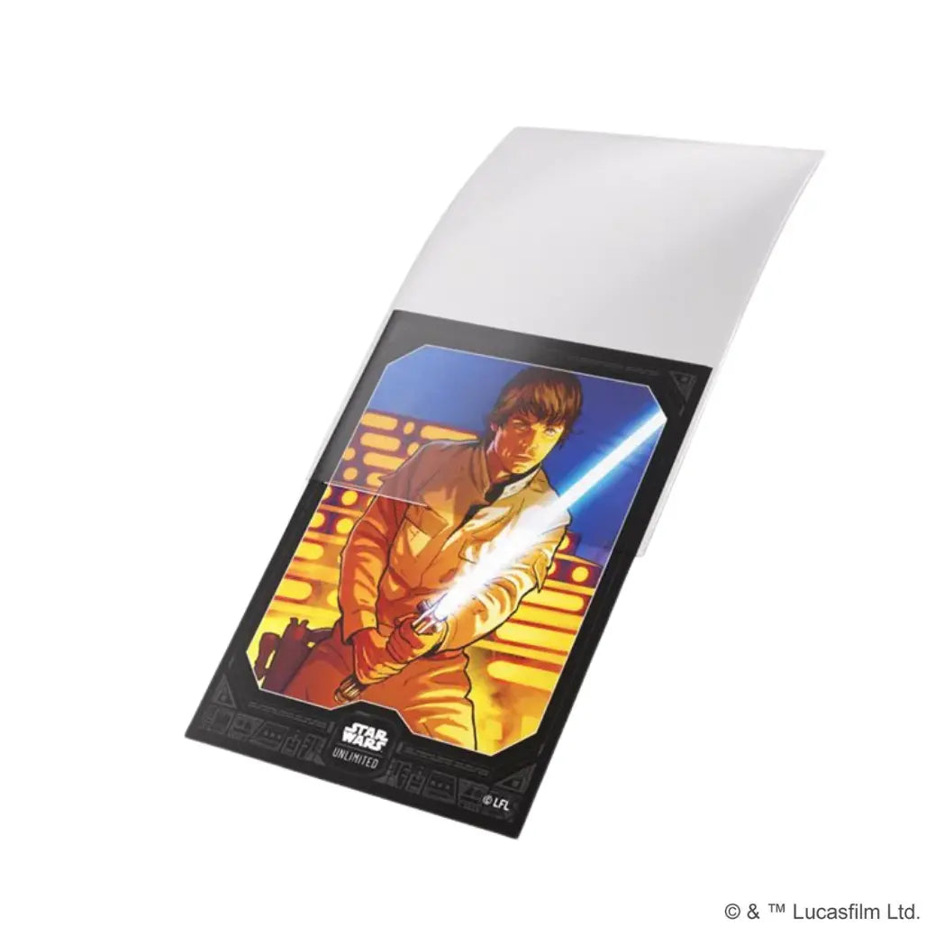 Star Wars Unlimited double sleeving pack featuring Luke Skywalker. He holds a glowing blue lightsaber against a yellow and orange background