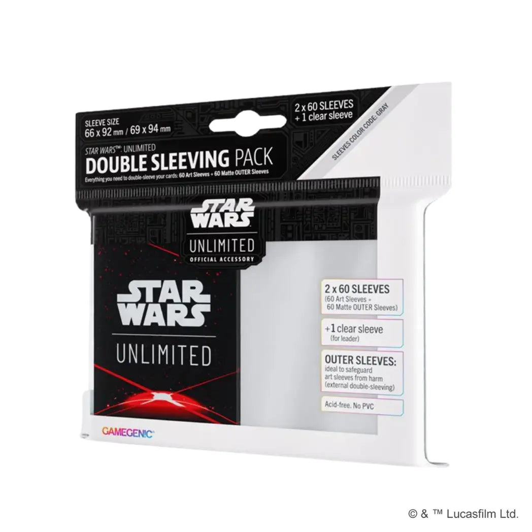 Star Wars Unlimited double sleeving pack featuring a "Space Red" design. The black sleeves display the game logo above a glowing red horizon with intersecting red laser lines