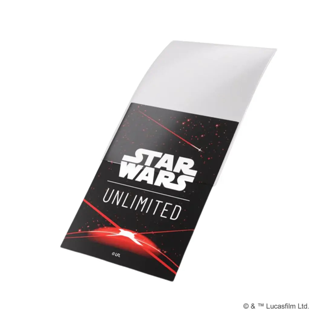 Star Wars Unlimited double sleeving pack featuring a "Space Red" design. The black sleeves display the game logo above a glowing red horizon with intersecting red laser lines.